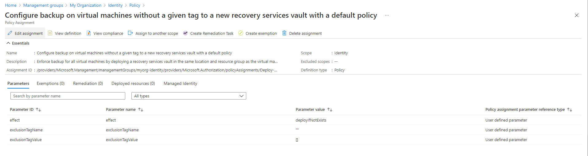 Policy Assignment parameters example